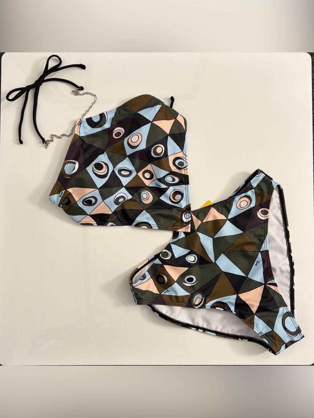Geometric Print High-Neck Bikini Set - Olive, Sky Blue & Peach